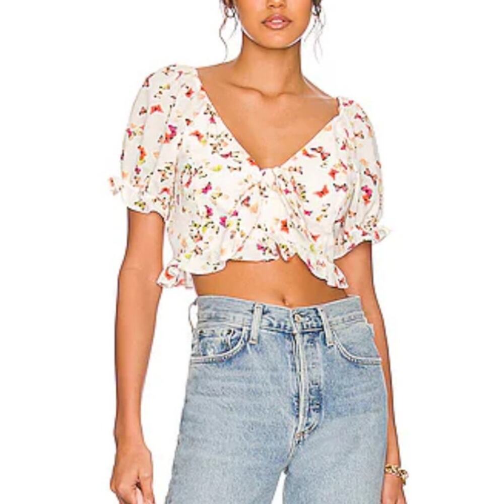 BCBGeneration Butterfly Print Knot Front V-Neck Cropped Blouse Women's Small